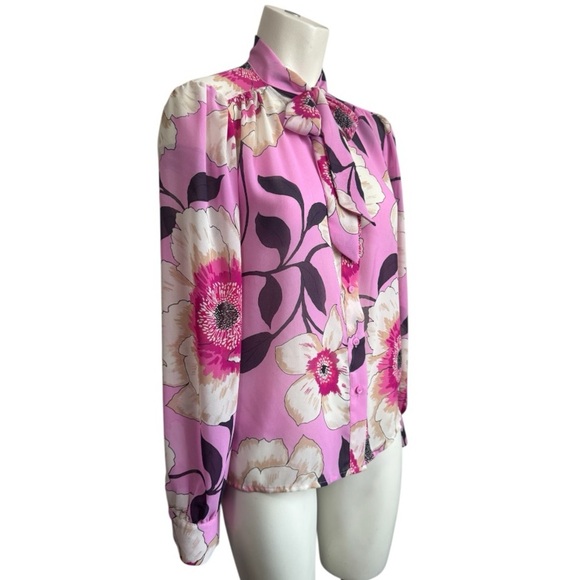 WORTHINGTON pink & fuschia maximalist floral blouse with neck tie women’s medium - Picture 2 of 12